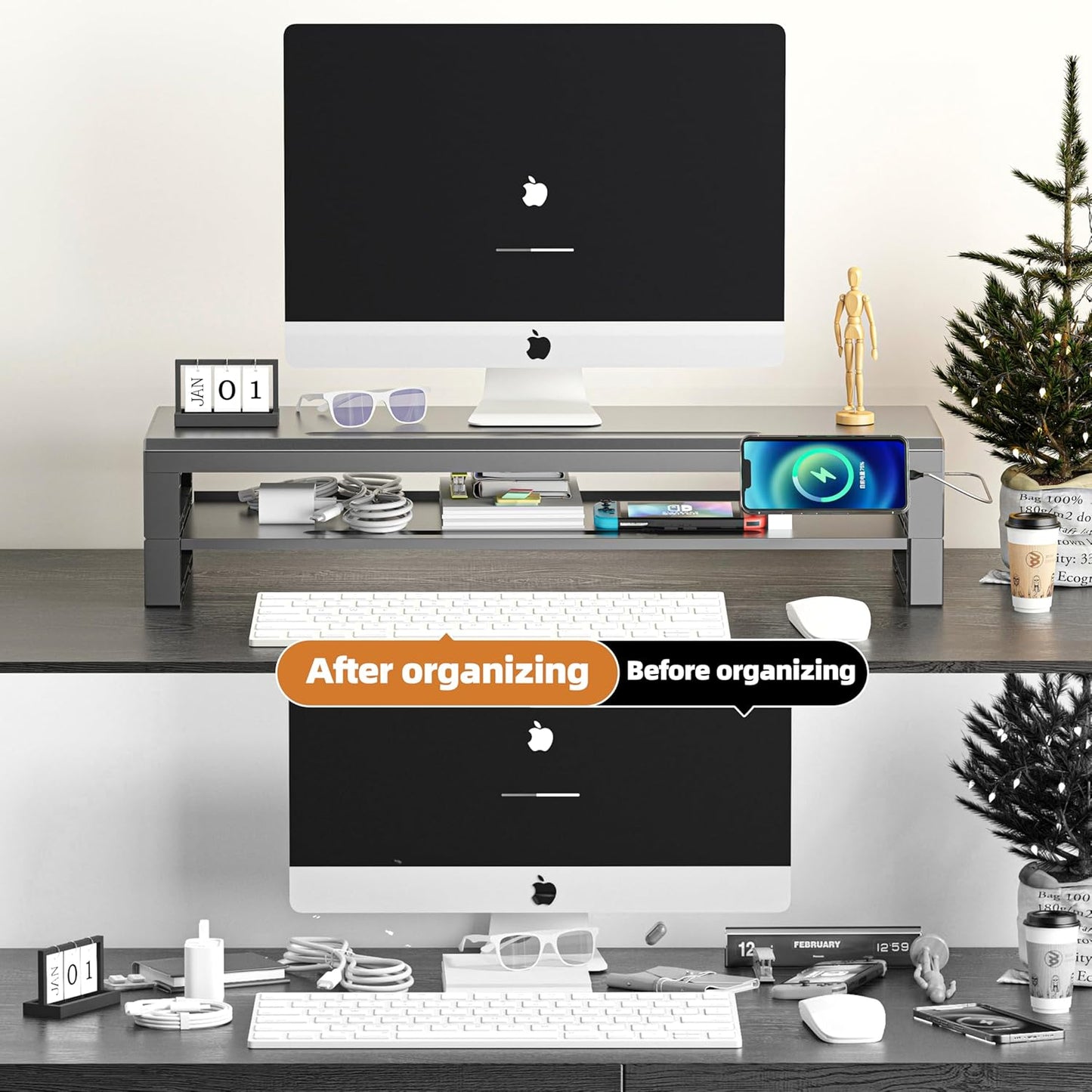 2-Tier Metal Computer monitor stand Laptop Desk Shelf & Monitor Riser ，27.55 inches long desk riser ,22W charging power, 2 USB 3.0 ports, and 1 USB 2.0 port Monitors/PC/Laptop/Computer Space Saver Organizer(USB Hub Fast Charging Version, Two-layer 700mm)