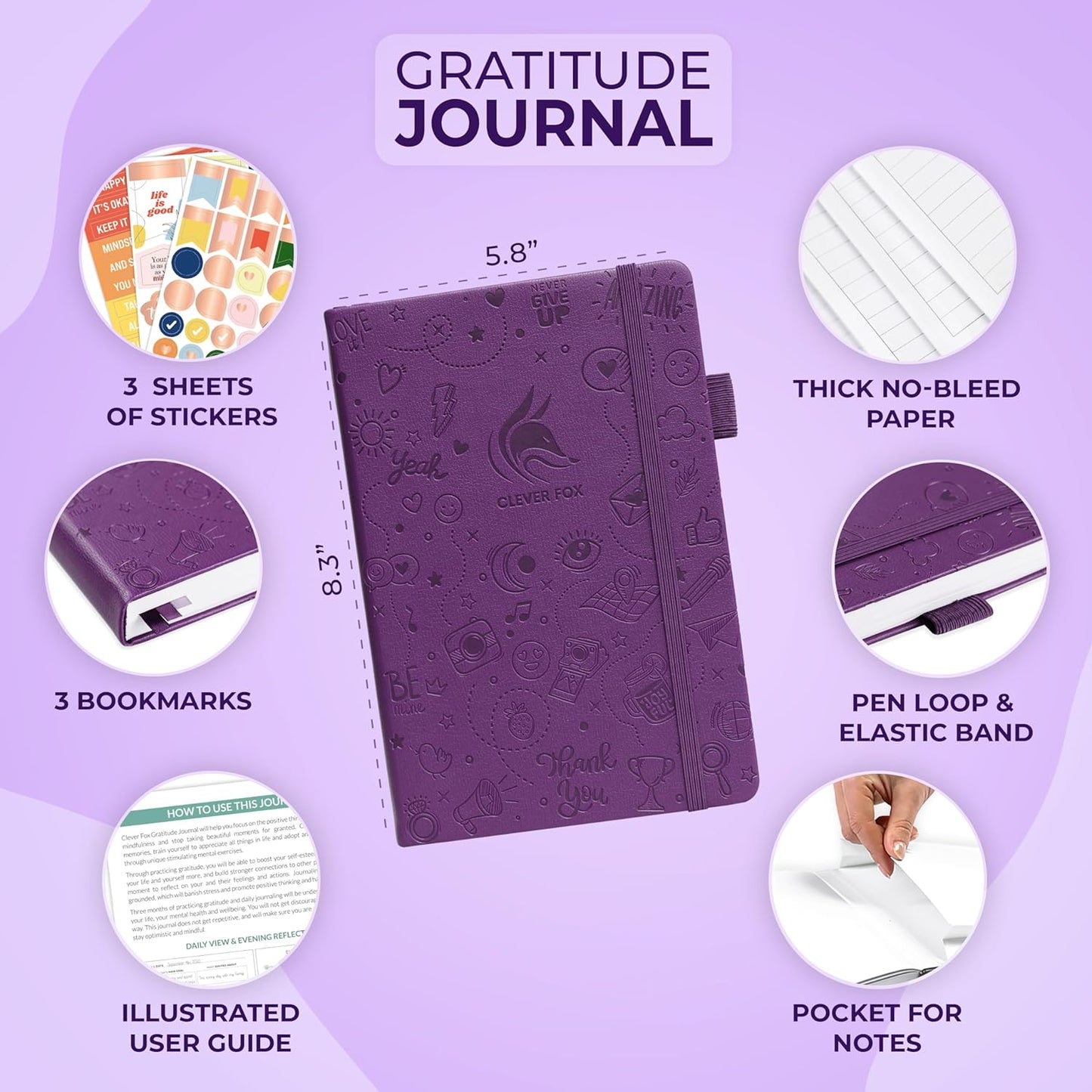 Clever Fox Gratitude Journal – Happiness, Positivity & Affirmation Daily Journal – Inspirational Daily Notebook – 3 Months, A5 (Purple)