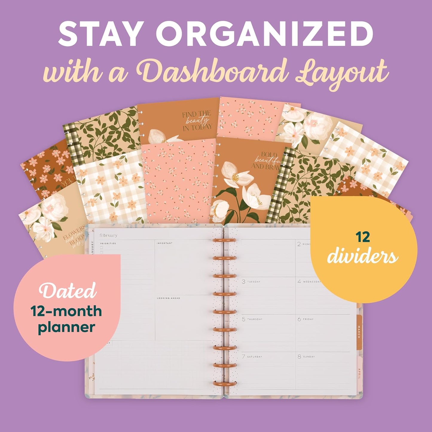 Happy Planner Disc-Bound Planner Jan.–Dec. 2026, Includes 3 Extra Months and 2 Sticker Sheets, Classic Size, 7" x 9.25", Dashboard Layout, Vintage Garden Tan