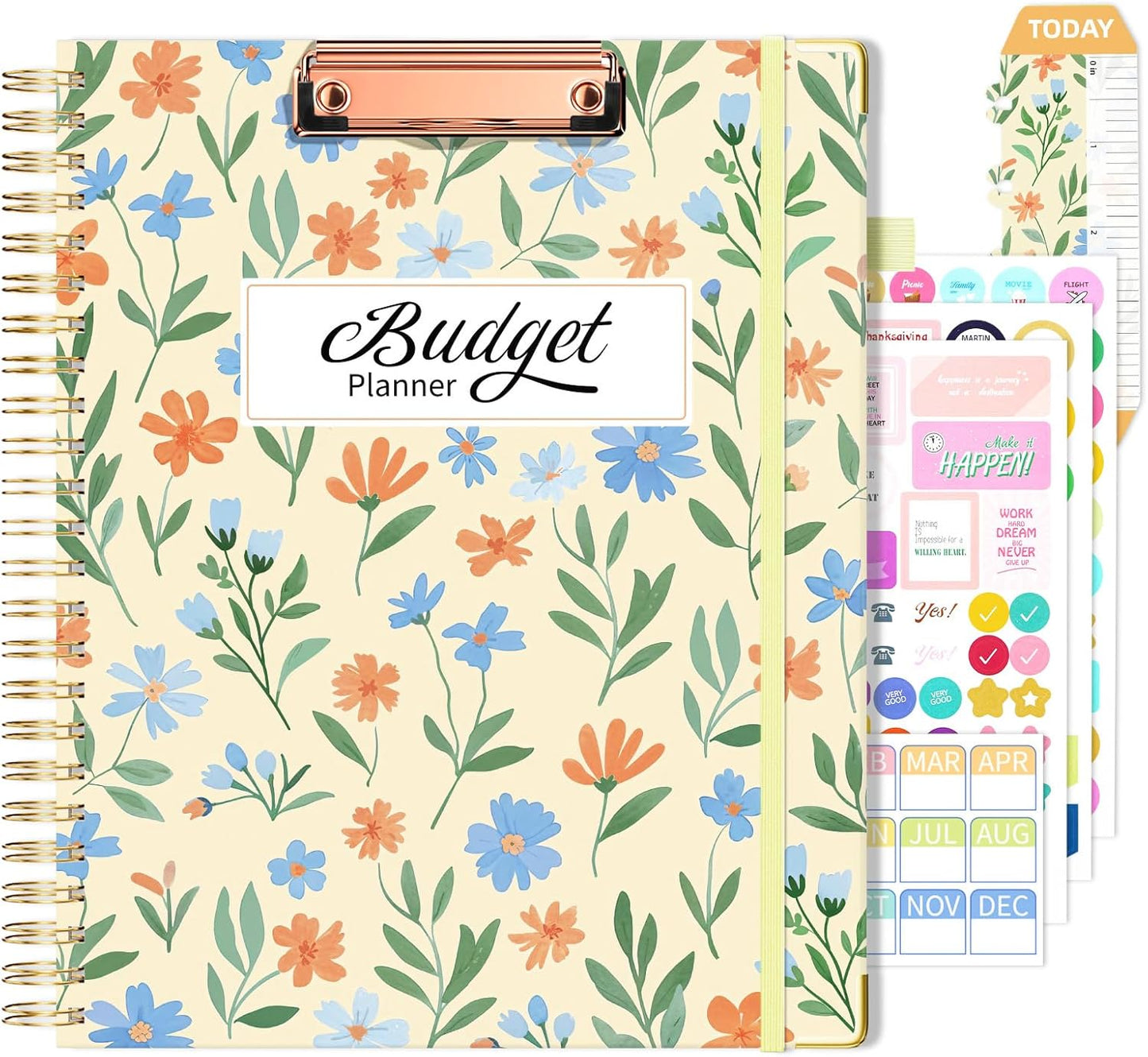 Ospelelf Large Budget Planner with Clipboard Undated Weekly Monthly Account Financial Planners Book with Stickers 12 Months 8.5"x11" Productivity Aesthetic Journey Yellow Floral