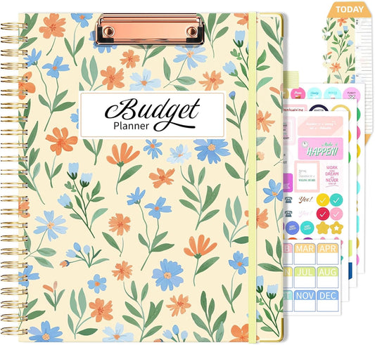 Ospelelf Large Budget Planner with Clipboard Undated Weekly Monthly Account Financial Planners Book with Stickers 12 Months 8.5"x11" Productivity Aesthetic Journey Yellow Floral