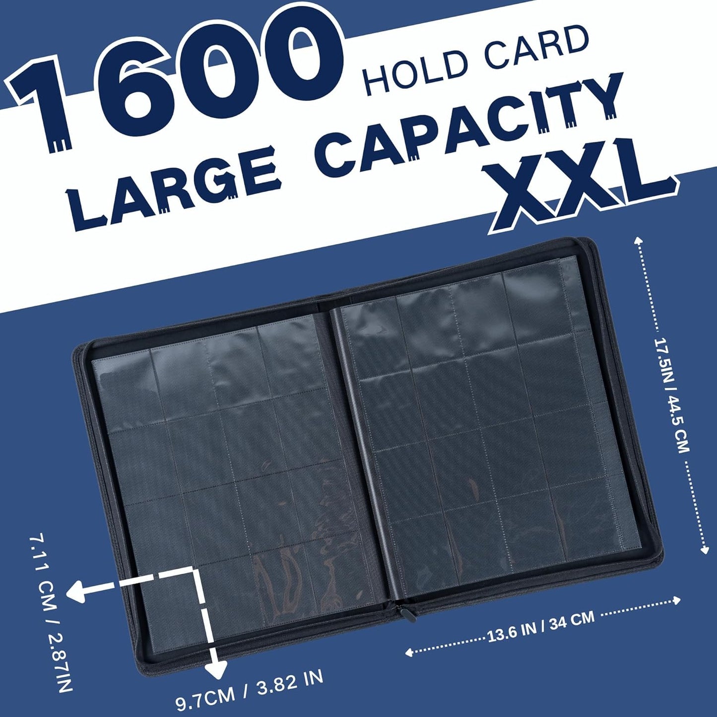1600+ Pockets Trading Card Binder, 16-Pocket Card Ablum Compatible with MTG,Sports Cards & Other Standard Size Trading Card (NAVY BLUE)
