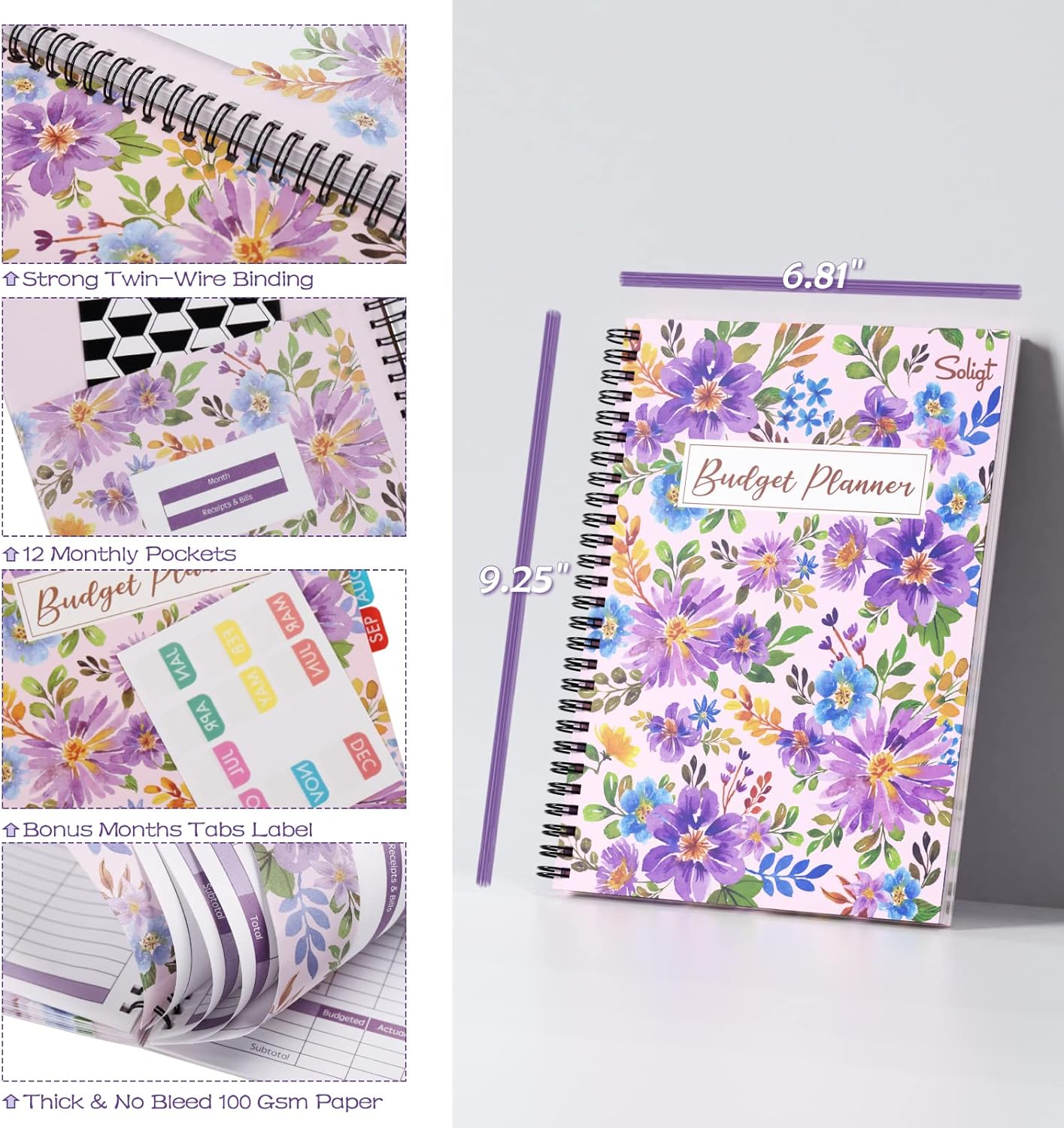 [Undated] Monthly Budget Planner with 12 Bill Pockets for Income, Debt, Saving, Expense and Bill Tracker Organizer, Pink, Floral Design