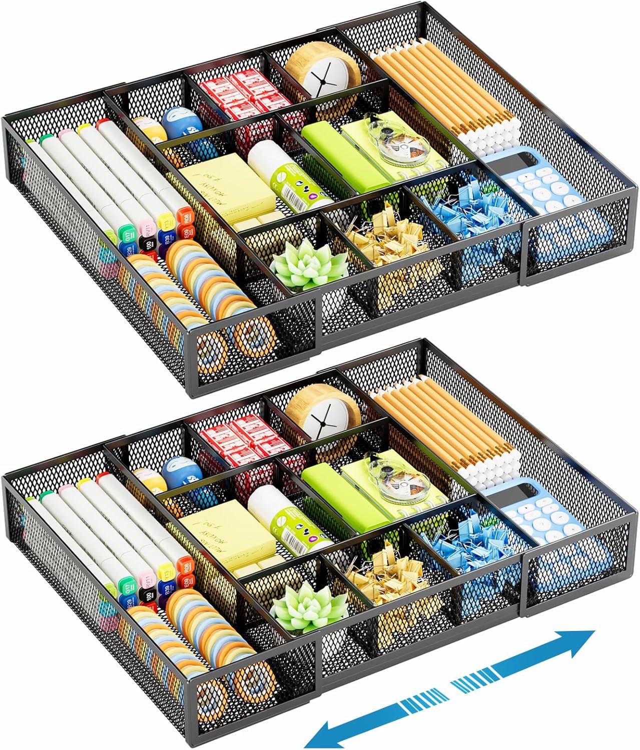 Marbrasse Expandable Desk Drawer Organizer, Mesh Drawer Organizer Tray with 10 Adjustable Compartments, Desk Organizers and Accessories for Office Supplies, Makeup & Vanity (Expandable Black-2 pack)