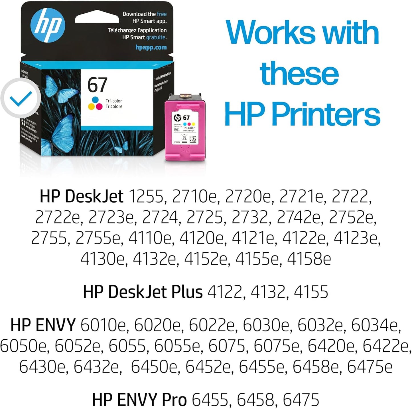 HP 67 Tri-Color Ink Cartridge for HP Printers | Works with DeskJet 1255, 2700, 4100 Series; ENVY 6000, 6400 Series | Eligible for Instant Ink | 3YM55AN