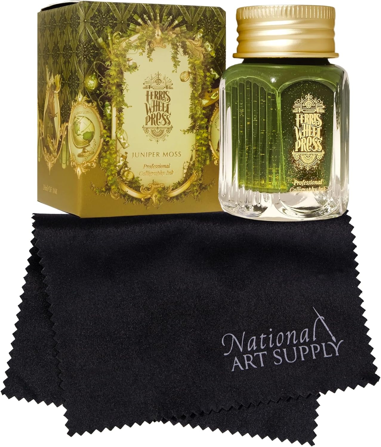 Ferris Wheel Press Juniper Moss 28ml Calligraphy Ink for Calligraphy & Dip Pens - National Art Supply 5x7 Microfiber Cloth - Moss Green with Gold Shimmers - Waterproof Dip Pen Ink for Artists