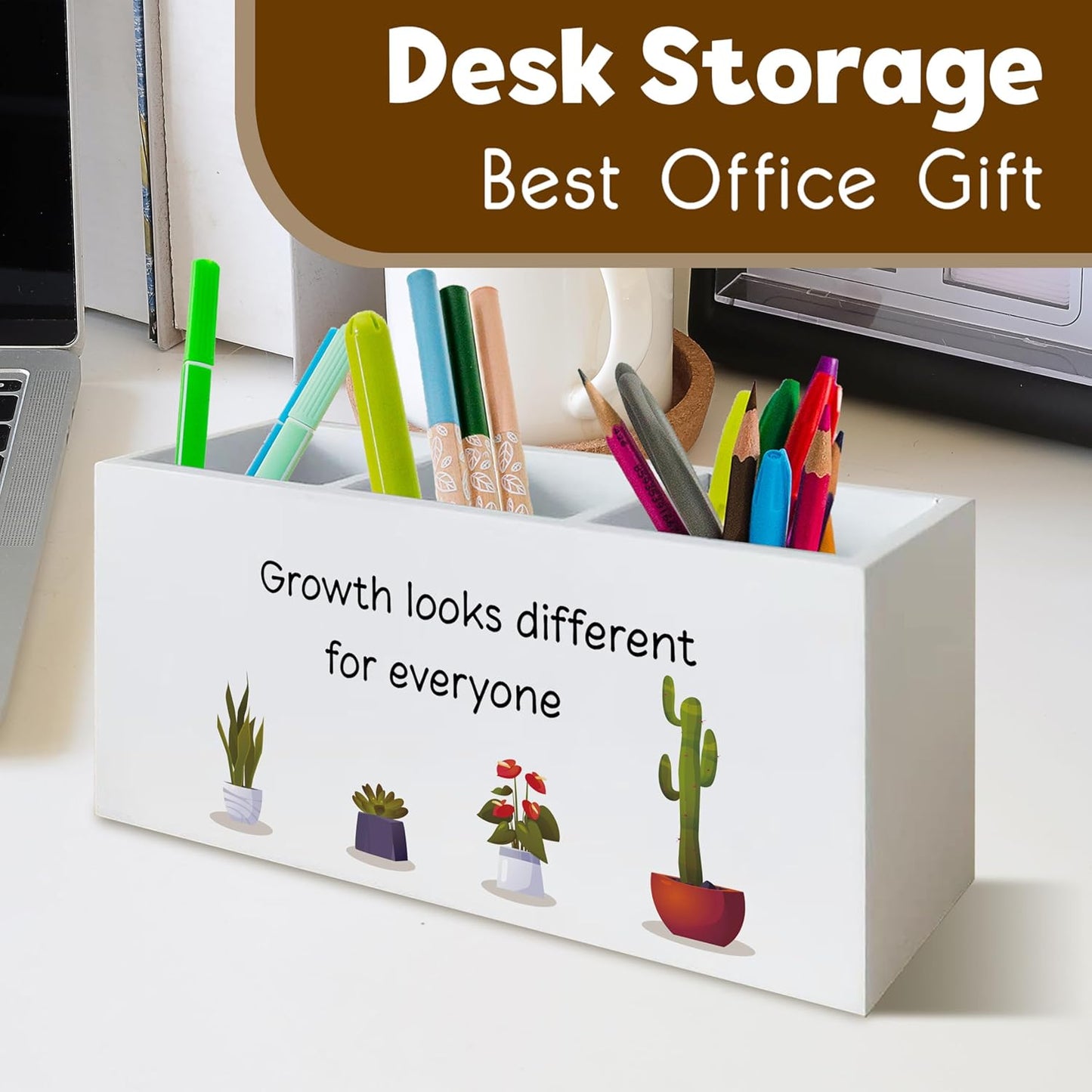 Growth Looks Different for Everyone Inspirational Mental Health Pen Holder for Desk, Motivational Plant Wooden Pen Pencil Holder Organizer for Therapist Counselor Office Desk Accessories