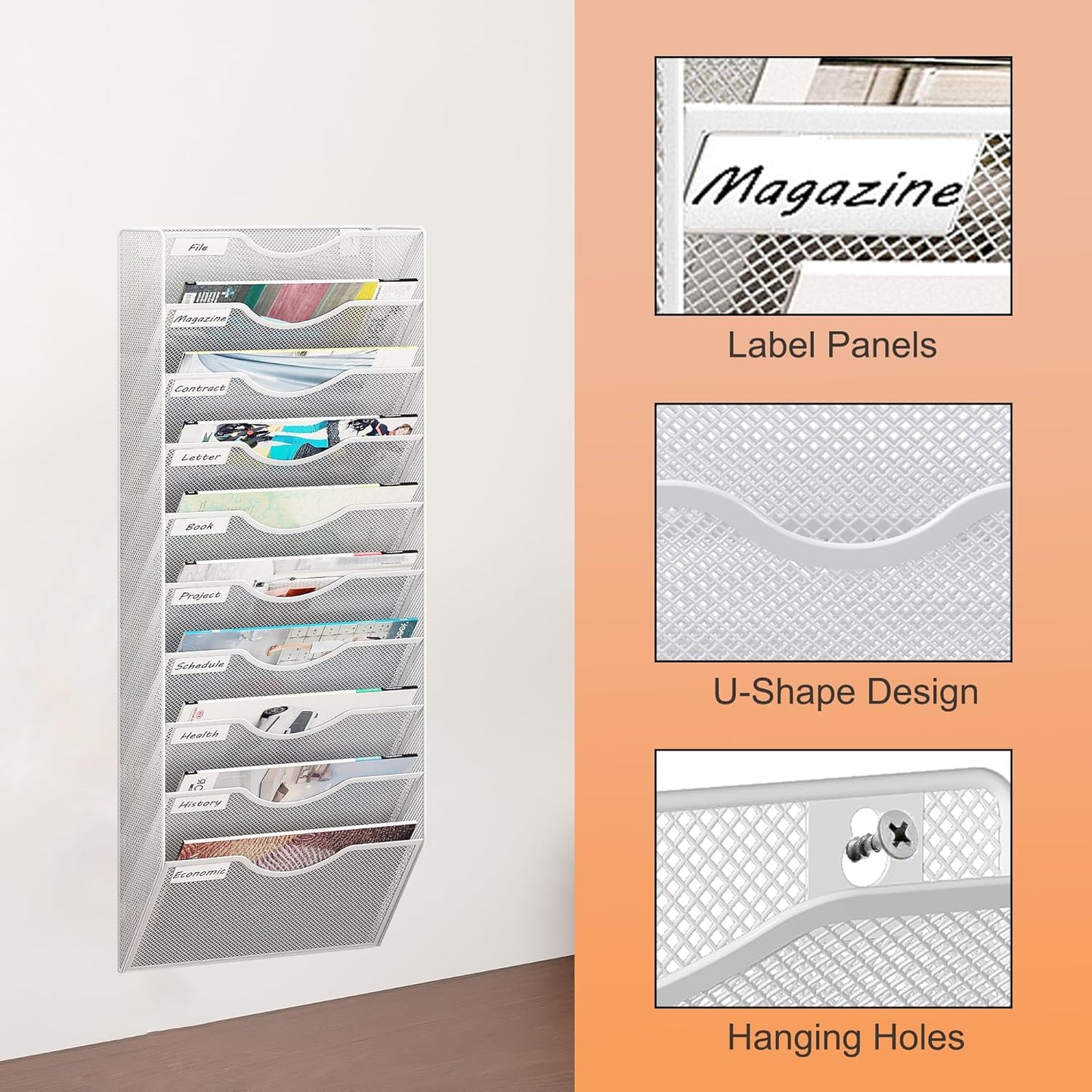 10 Tier Hanging Wall File Holder, Metal A4 Wall Mounted Document Holder, Vertical Hanging Mail Organizer, Magazine Storage Rack with Tray for Office Home Classroom, White