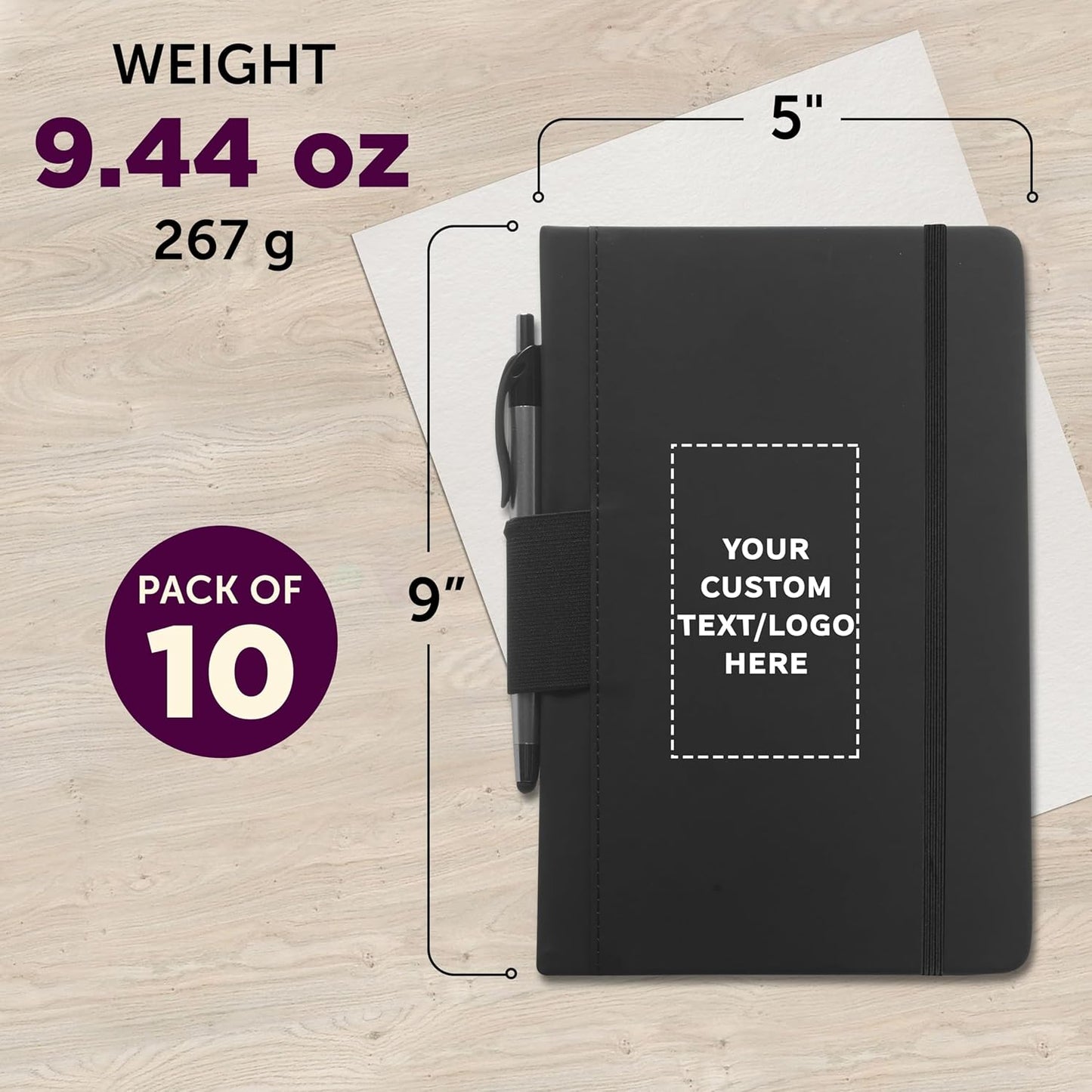 DISCOUNT PROMOS 10 Executive Notebooks with Pen Pack - Customizable Text, Logo - 6 x 8.5 inches, Recycled, Pen Loop, Closure Strap - Black