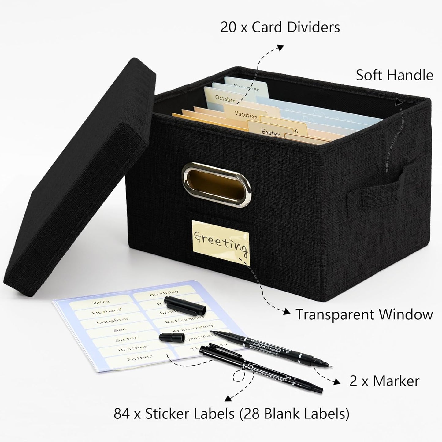 Greeting Card Organizer and Storage Box with 20 Pcs Adjustable Dividers, Storing Cards with 84 Pcs Labels Perfect for Storing Greeting Cards, Envelopes, Photos 1 Pack Black