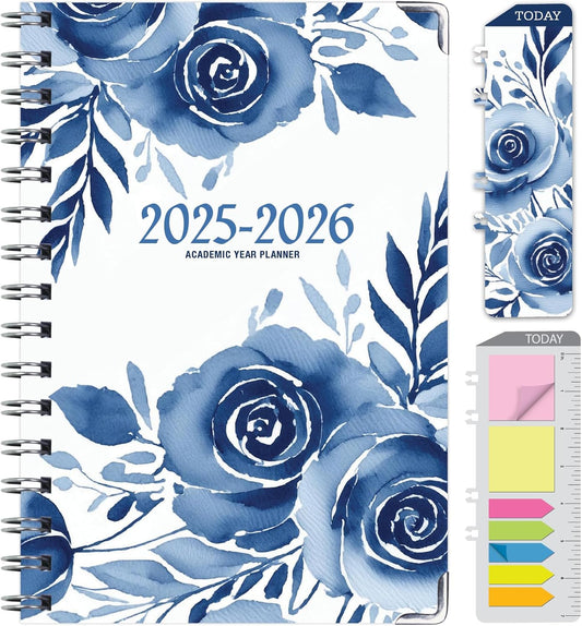 HARDCOVER Academic Year 2025-2026 Planner: (June 2025 Through July 2026) 5.5"x8" Daily Weekly Monthly Planner Yearly Agenda. Bookmark, Pocket Folder and Sticky Note Set (Blue Bloom)