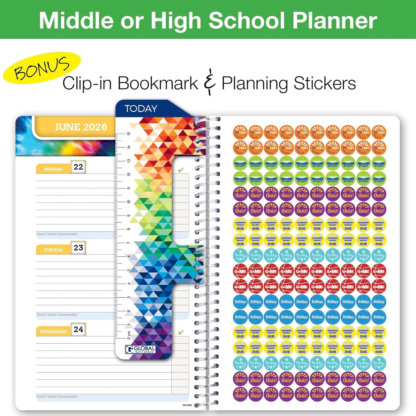 Global Datebooks Dated Middle School or High School Student Planner for Academic Year 2025-2026 Includes Ruler/Bookmark and Planning Stickers (Block Style - 5.5"x8.5" - Doodles)