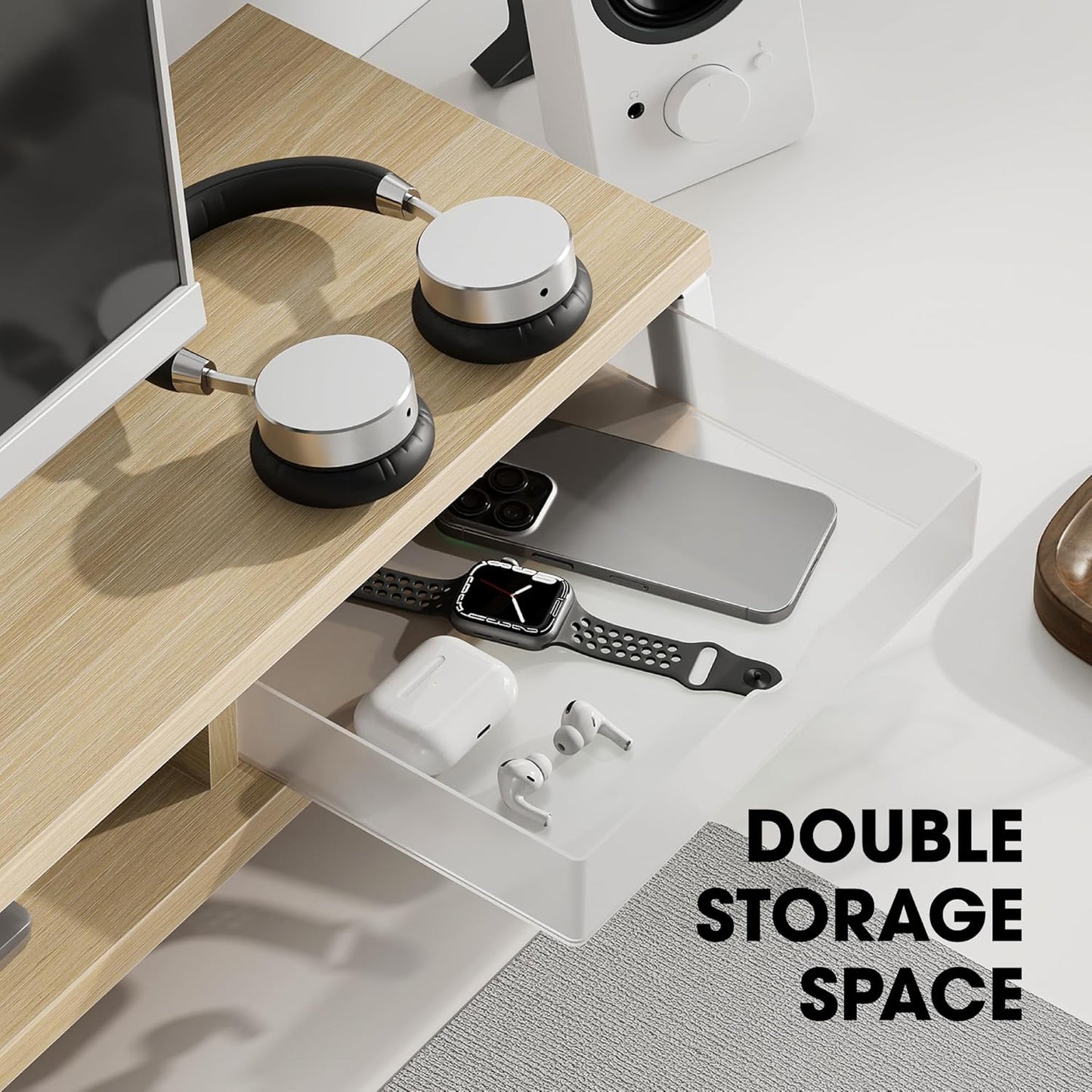 Fenge Dual Monitor Stand, Monitor Riser with Drawer, 42.5 Inch Large Computer Monitor Stand for 2 Monitors, 2 Tier Wooden Desk Shelf for Top of Desk