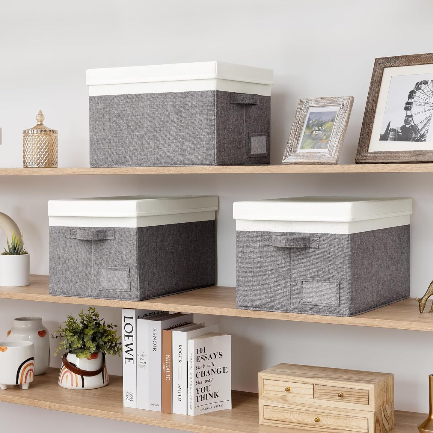 GRANNY SAYS Storage Bins with Lids, Linen Closet Storage Boxes, Collapsibe Storage Bins for Clothes, Storage Containers with Label Holder, 3-Pack, Gray&Ivory