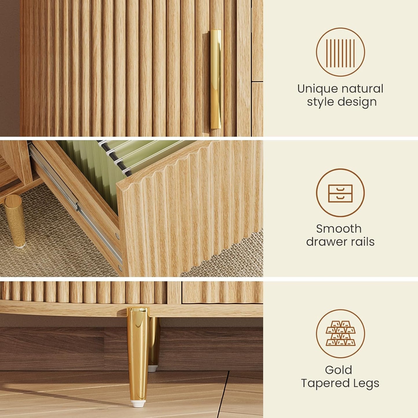 SEDETA 2 Drawer File Cabinet, 39.4" Filing Cabinet for Home Office, fit Legal/Letter/A4 Size, Modern Fluted Filing Cabinets with 2 Sliding Door Storage, Printer Stand, Natrual