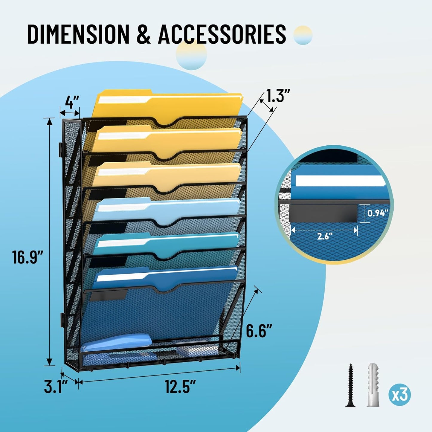 SUPEASY 7-Tier Wall File Holder Organizer with Hooks, Mesh Hanging File Organizer, Mail Organizer Wall Mounted for Papers, Folders, Office Magazine Rack, Assembly Needed, Black