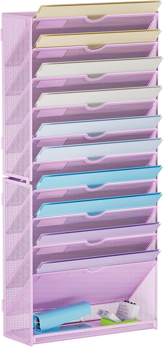 Marbrasse Wall File Holder 11-Tier Hanging Wall File Organizer, for Papers, Files Clipboard & Magazine Organizer, Wall Mount File Holder Great for Office Home (Purple)