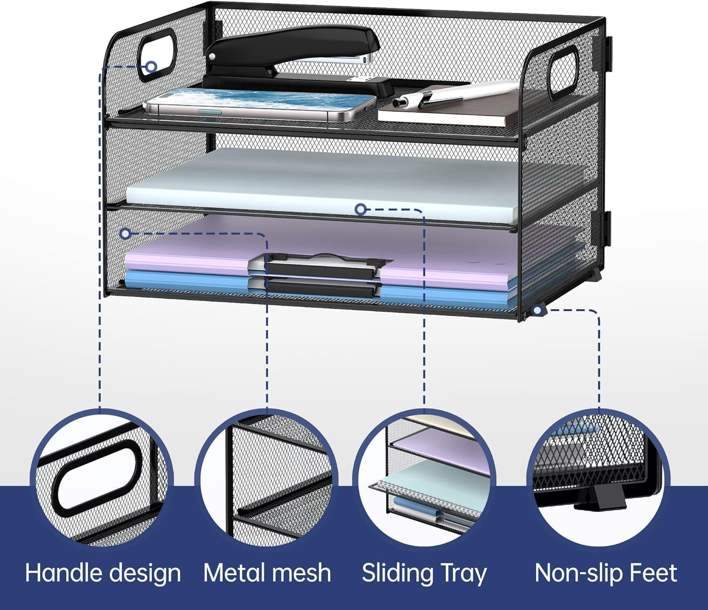 Supeasy 3 Tier Paper Organizer with Handle, Mesh Desk Organizer Letter Tray, Paper Tray File Organizer for A4 File Folder, Black, 2 Pack