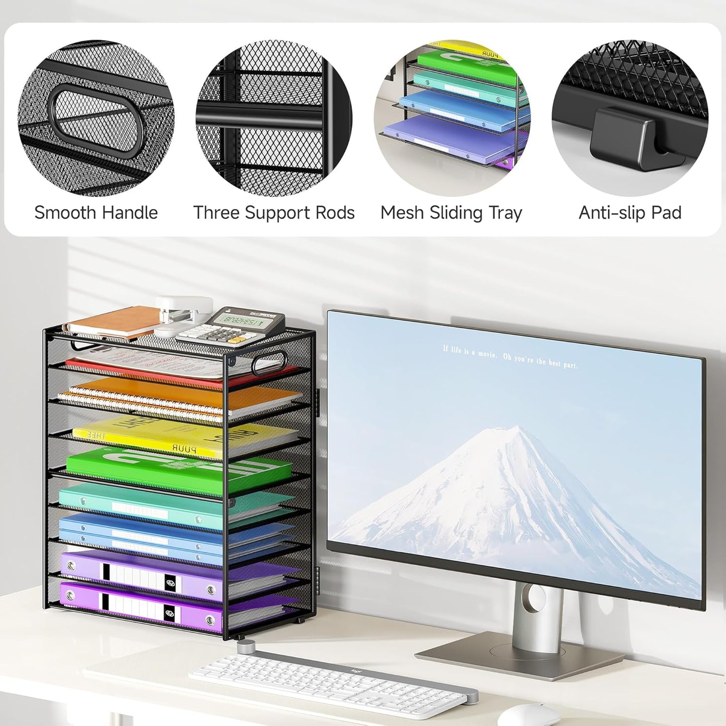 9 Tier Paper Organizer with Handle, Large Capacity Desk Organizer Mesh Paper Letter Tray File Folder Document Sorter for Classroom and Office Accessories Organization- Black (2 Pack)