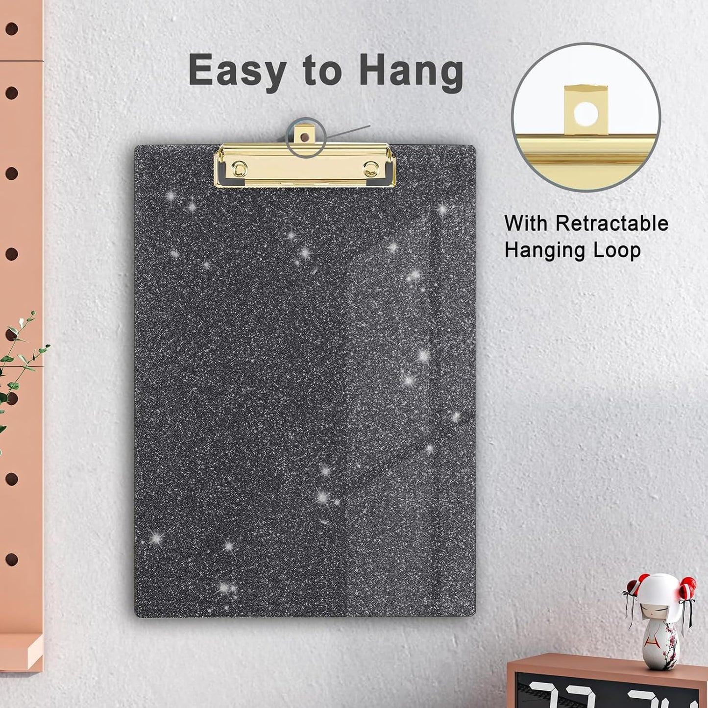 Glitter Acrylic Clipboard Decorative Standard A4 Letter Size 12.2" x 8.7", Fashion Bling Clip Boards with Designed Low Profile Gold Clip for Classroom Office - Black