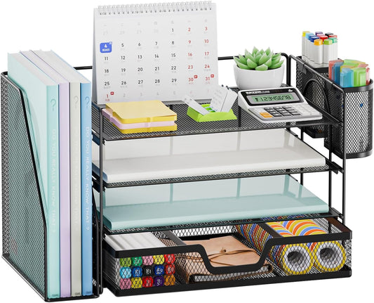 Marbrasse Desk Organizer and Accessories，4-Tier Paper Letter Tray Organizer with File Holder, Desk Accessories & Workspace Organizers with Drawer and 2 Pen Holder (Black, 15.4" x 9.1" x 8.3")