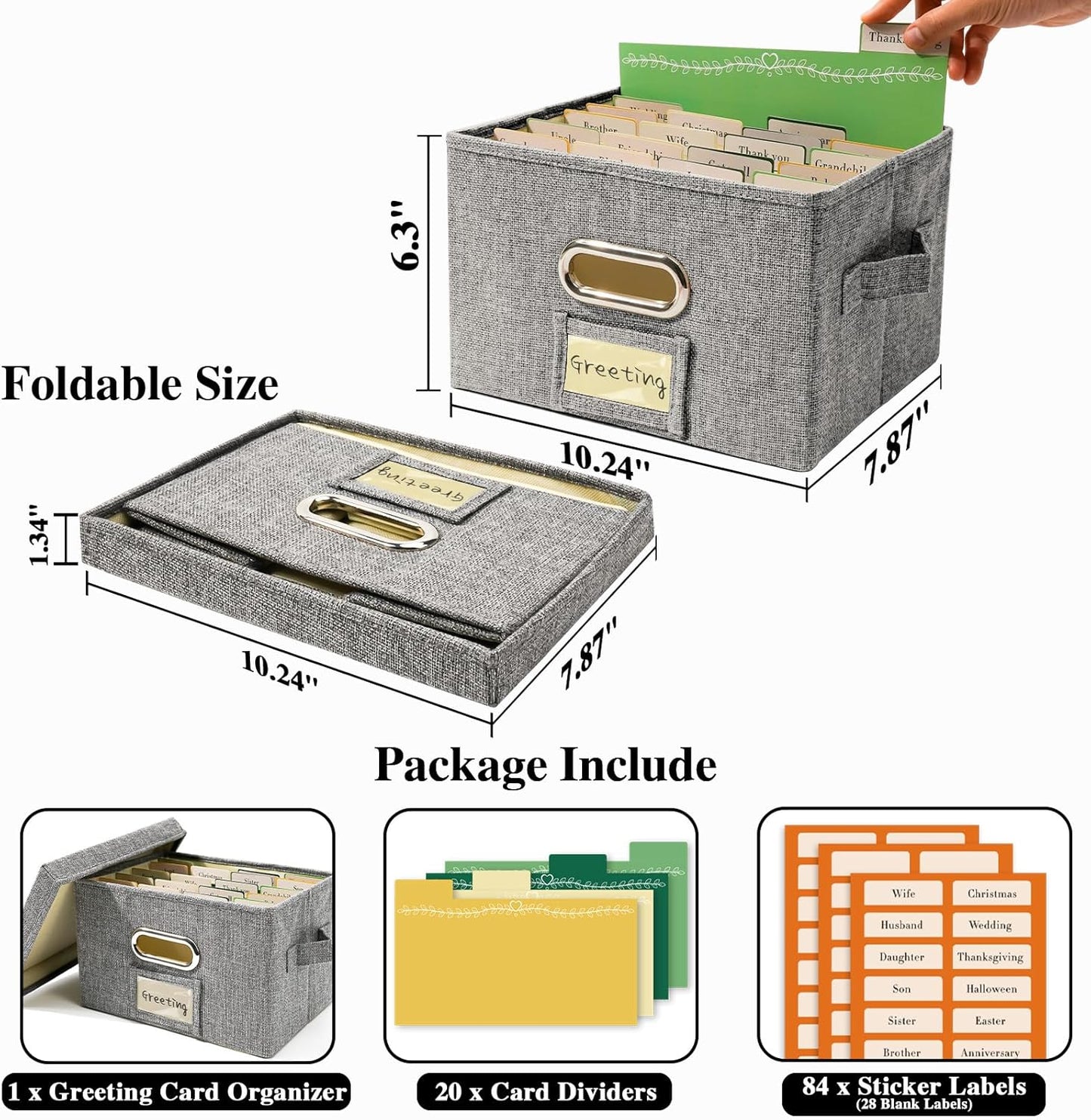 Vienrose Greeting Card Organizer 1 Pack, Storage Box with 20 Adjustable Dividers, Foldable Organizer Box Holds over 150 Cards, Storage Stickers Recipes Photos Envelopes Bills Vinyl Records, Grey
