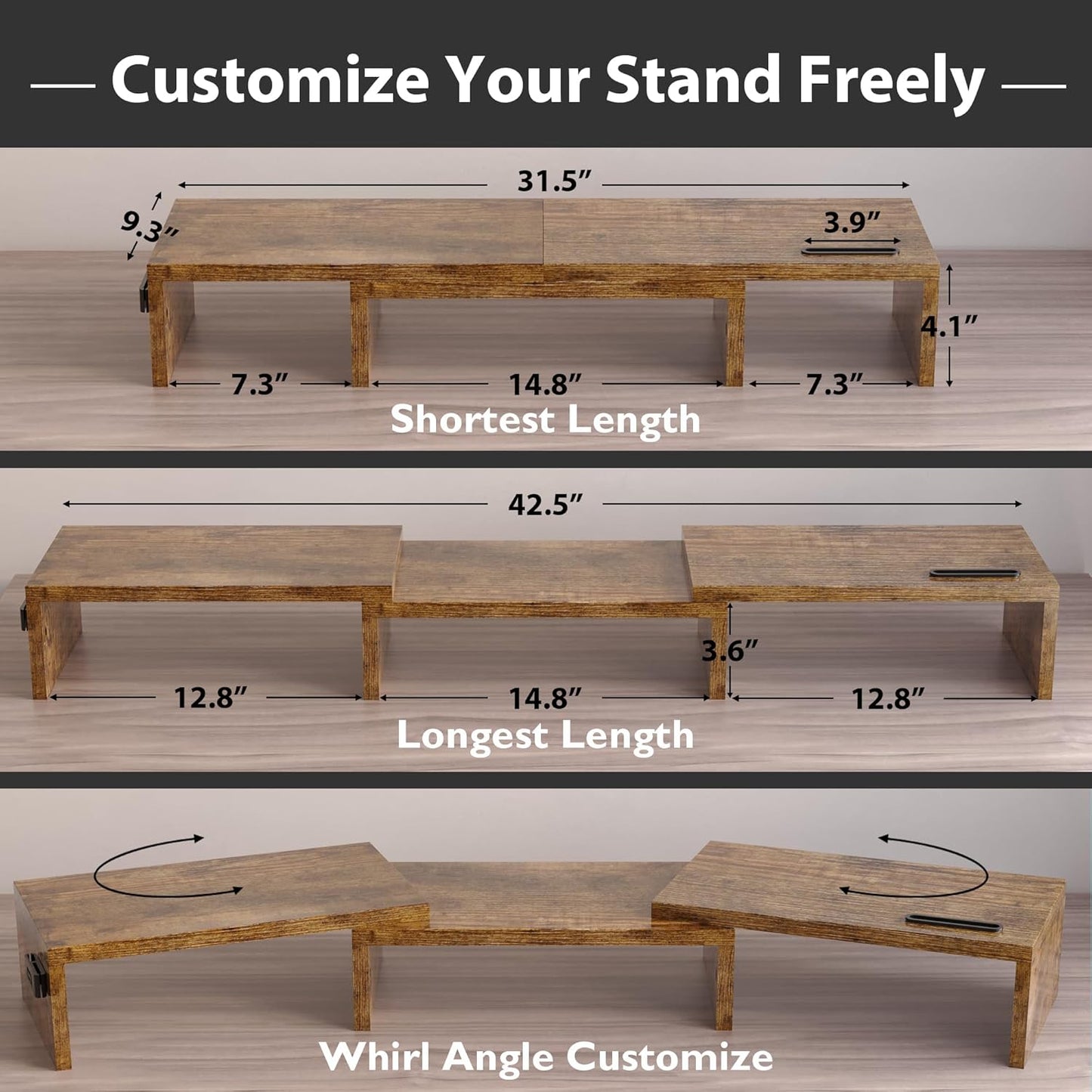 BONTEC Dual Monitor Stand for Desk, Adjustable Length and Angle Monitor Stand Riser with Smartphone Holder, Desk Shelf for Top of Desk, Computer Monitor Stand with Storage, Office Desk Organizer, Rustic Brown
