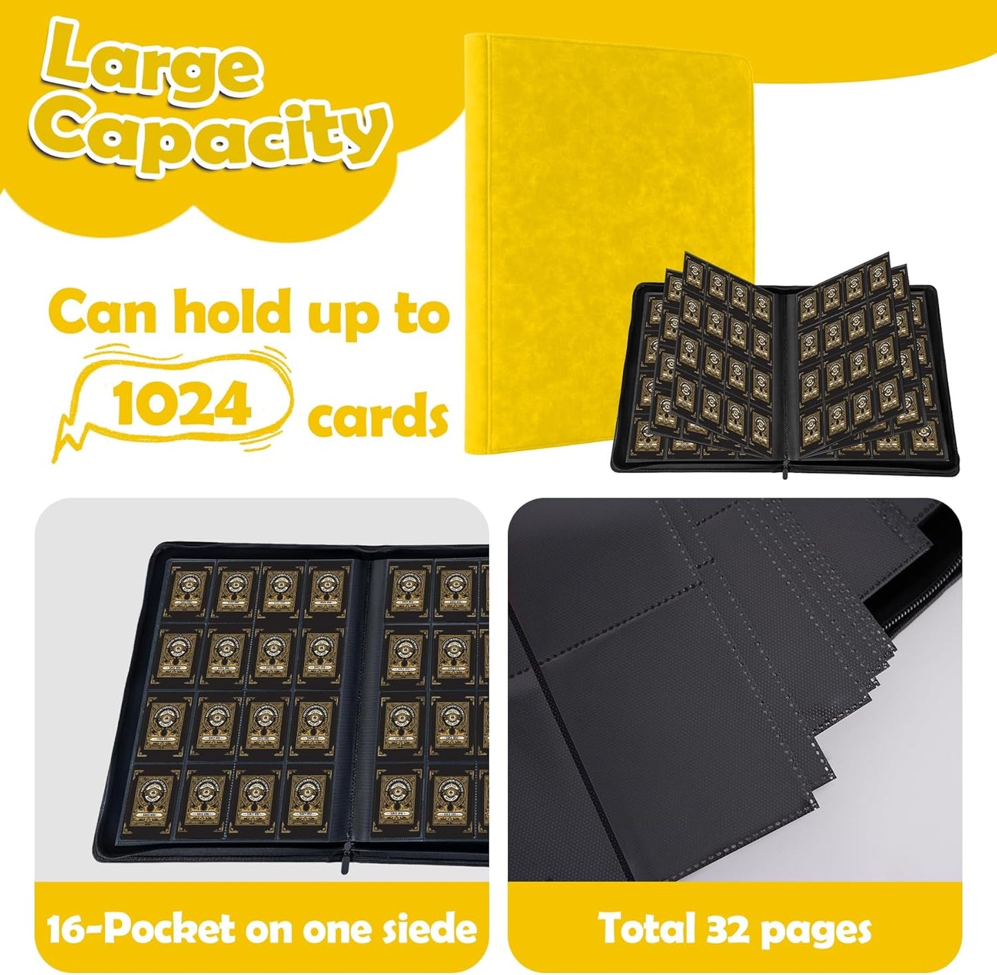 1000+ Pockets Trading Card Binder, 16 Pockets Trading Card Binder Ringless Side Loading Trading Card Album Folder for TCG,MTG,Sports Cards(Yellow)