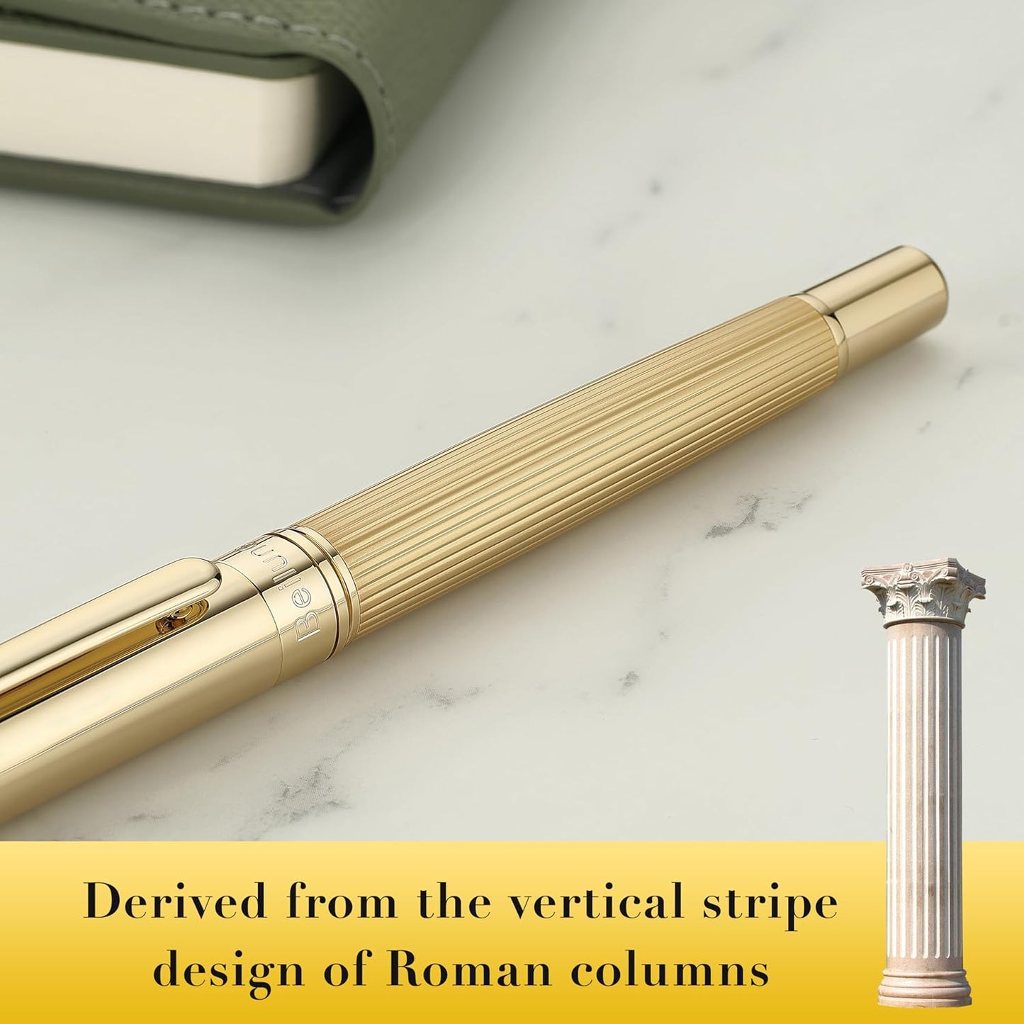 BEILUNER Lighthouse Series Rollerball Pen, 24K Gold Finish Pen Body, Exquisite Vertical Lines, Schneider 850 Refill, Nice Pen Gift Set for Men & Women, Office, Executive and Fancy Designer Pens (Gold)