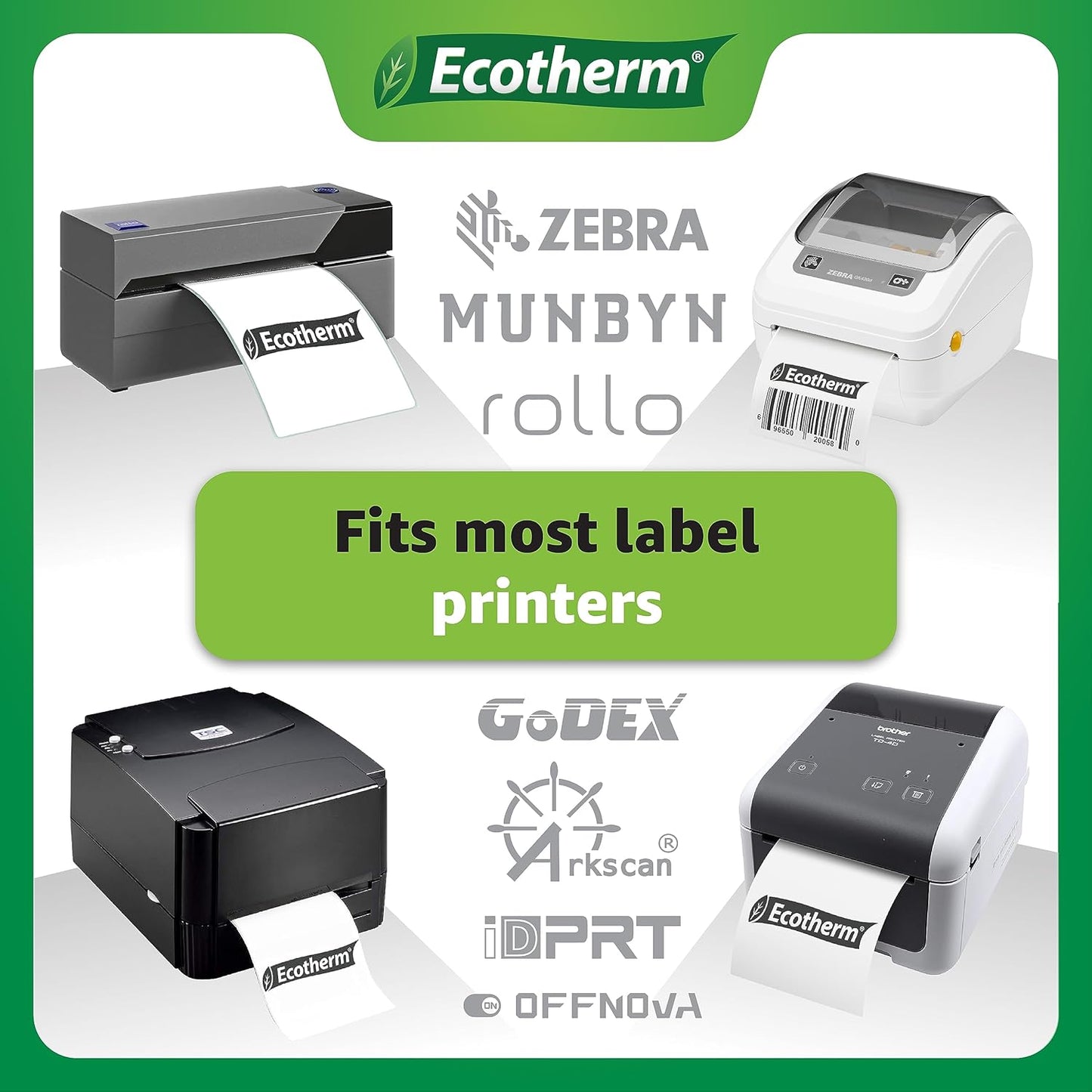 2.25" x 2.5" Thermal Labels | 6 Rolls | 6000 Labels | fits Zebra, Munbyn, Rollo, Godex, Arkscan, iDPRT, Offnova Thermal Label Printers and More | Blank White Adhesive Stickers by Ecotherm