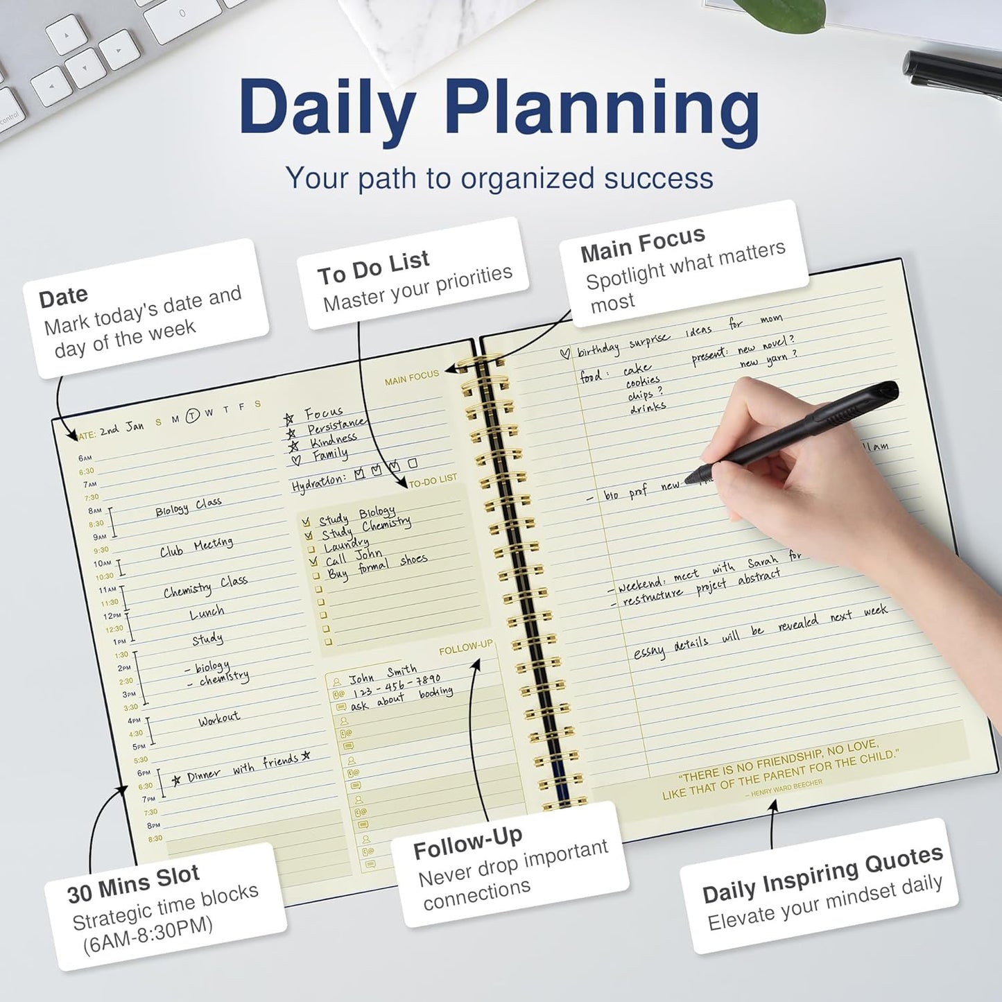 Undated Daily Planner To Do List Hourly Schedule 2027 2026 2025 Calendar & Holiday Habit Tracker 180 Pages Letter Size 8.5" x 11" Sheets Hardcover Spiral Bound Notebook (Black)