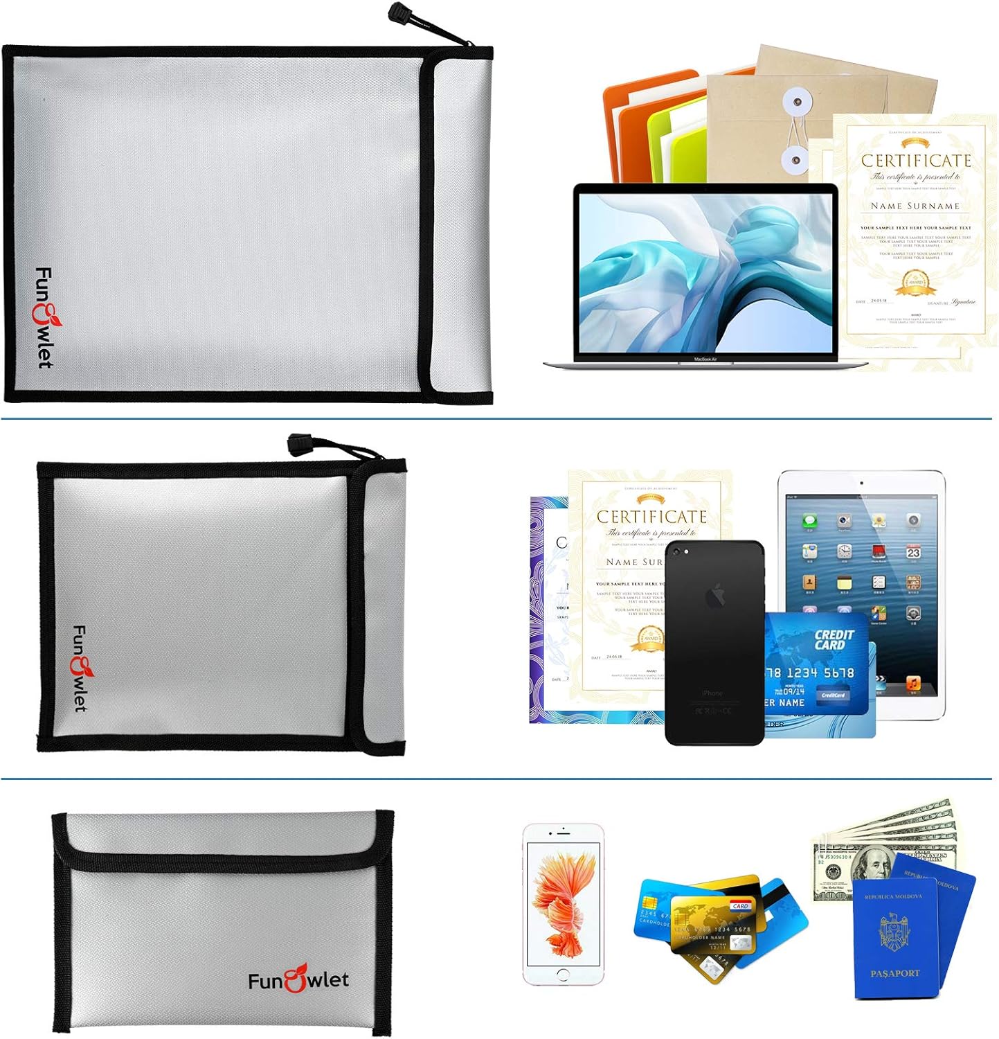 FunOwlet Fireproof Waterproof Document Bag, Fire and Water Resistant Safe Zipper Storage Organizer Pouch for A4/A5 Documents Holder, File, Cash, Jewelry, Passport, Tablet, Laptop, 3 Pack (Gray)