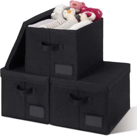 GRANNY SAYS Storage Bins with Lids, Storage Bins for Linen Closet Shelves, Decorative Storage Boxes, Clothes Storage and Organization for Organizing, 3-Pack, Large, Black