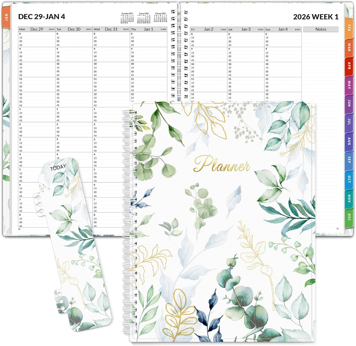 SUNEE 2026 Appointment Planner 15-Minute Time Block – Weekly & Monthly Spiral Organizer with Note Section – Thick Paper, Lay-Flat Bound – 8.5 x 11 for Office, School, Salon, Men & Women, Greenery