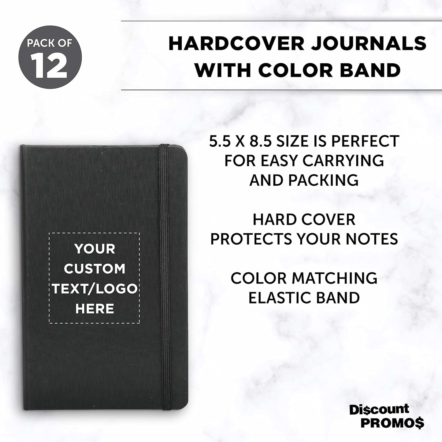 DISCOUNT PROMOS Custom Hardcover Notebook Journals with Elastic Colored Band Set of 12, Personalized Bulk Pack - Perfect for School, Office, Home - Black