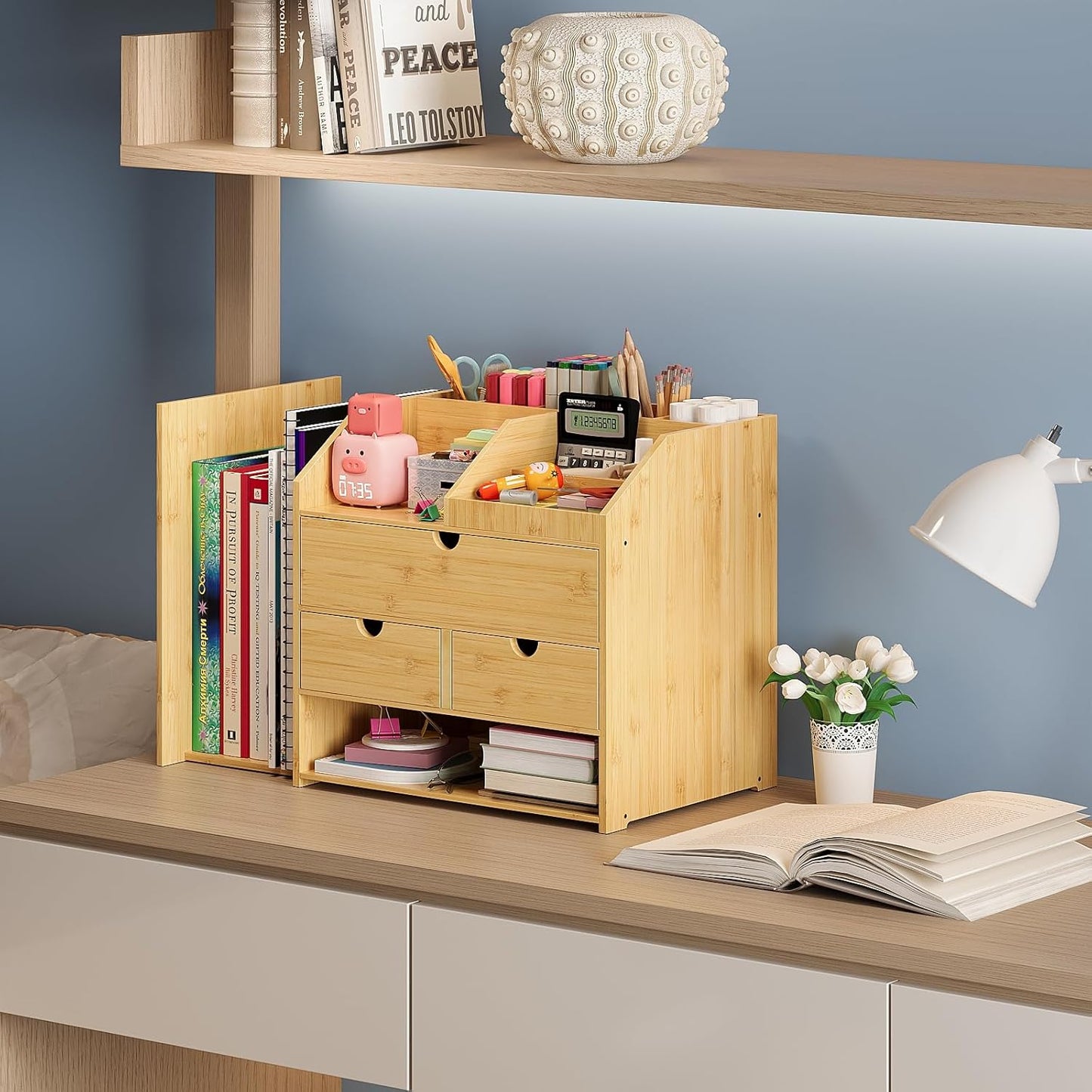 Bamboo Desktop Organizer with 3 Drawers 4 Tier Tabletop Organization Box with Adjustable File Book Holder A4 Full Size Drawer for Office Home