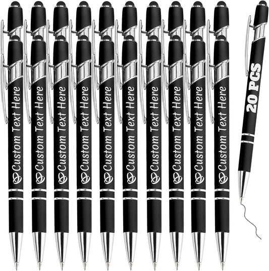 Personalized Pens Bulk 20 with Name Custom Engraving Ballpoint Pens with Stylus Tip Customized Smooth Writing Pens Personalized Gifts for Anniversary Birthday or Graduation(Black,Black Ink)