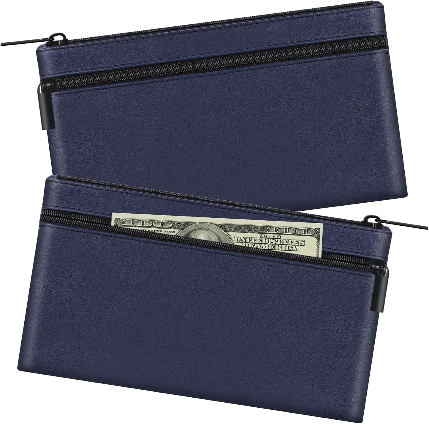 HAUTOCO 2 Pack Money Bag with Zipper 11x6.1 inch Money Pouch with Lined PU Leather Bank Bag Two Pockets Utility Wallet for Cash Check Receipt Coins Cosmetics, Dark Blue