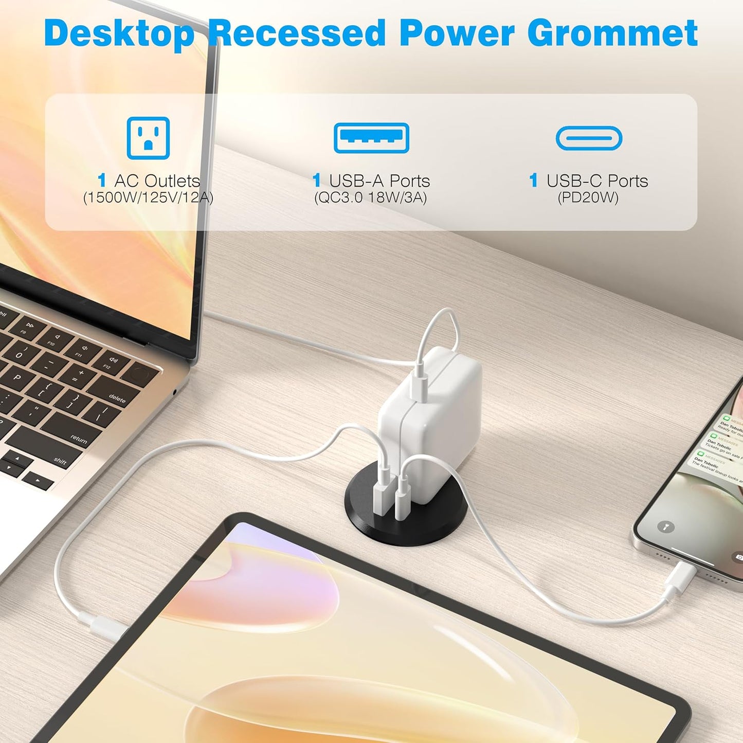 2 inch Desk Power Grommet Outlet, Flat Plug Recessed Outlet with 20W USB-C Fast Charging, for Conference Rooms, Office Tables, Furniture, 6FT Cord(ETL Listed)