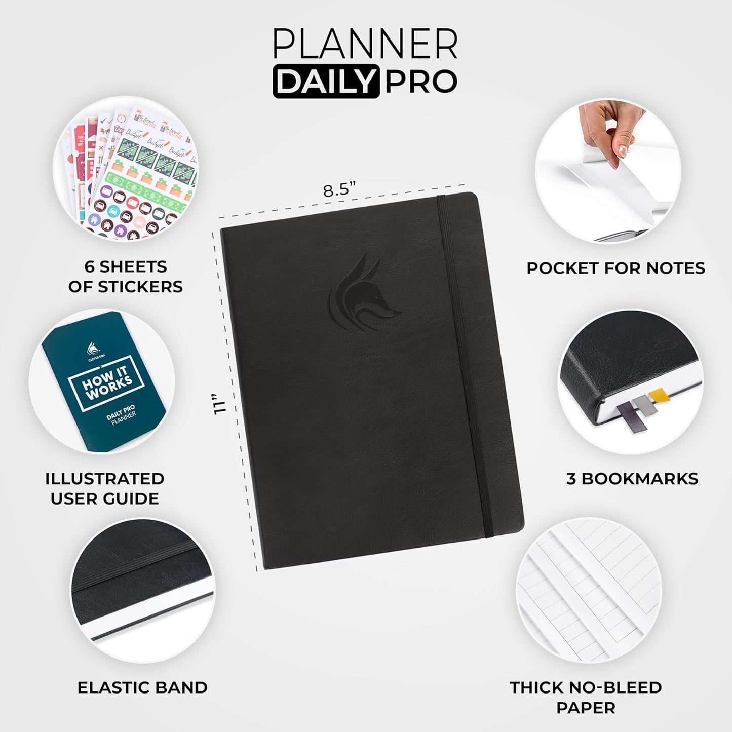 Clever Fox Planner Daily PRO - 8.5 x 11" A4 Size Daily Life Planner and Gratitude Journal to Increase Productivity, Time Management and Hit Your Goals - Undated - Lasts 3 Months (Black)
