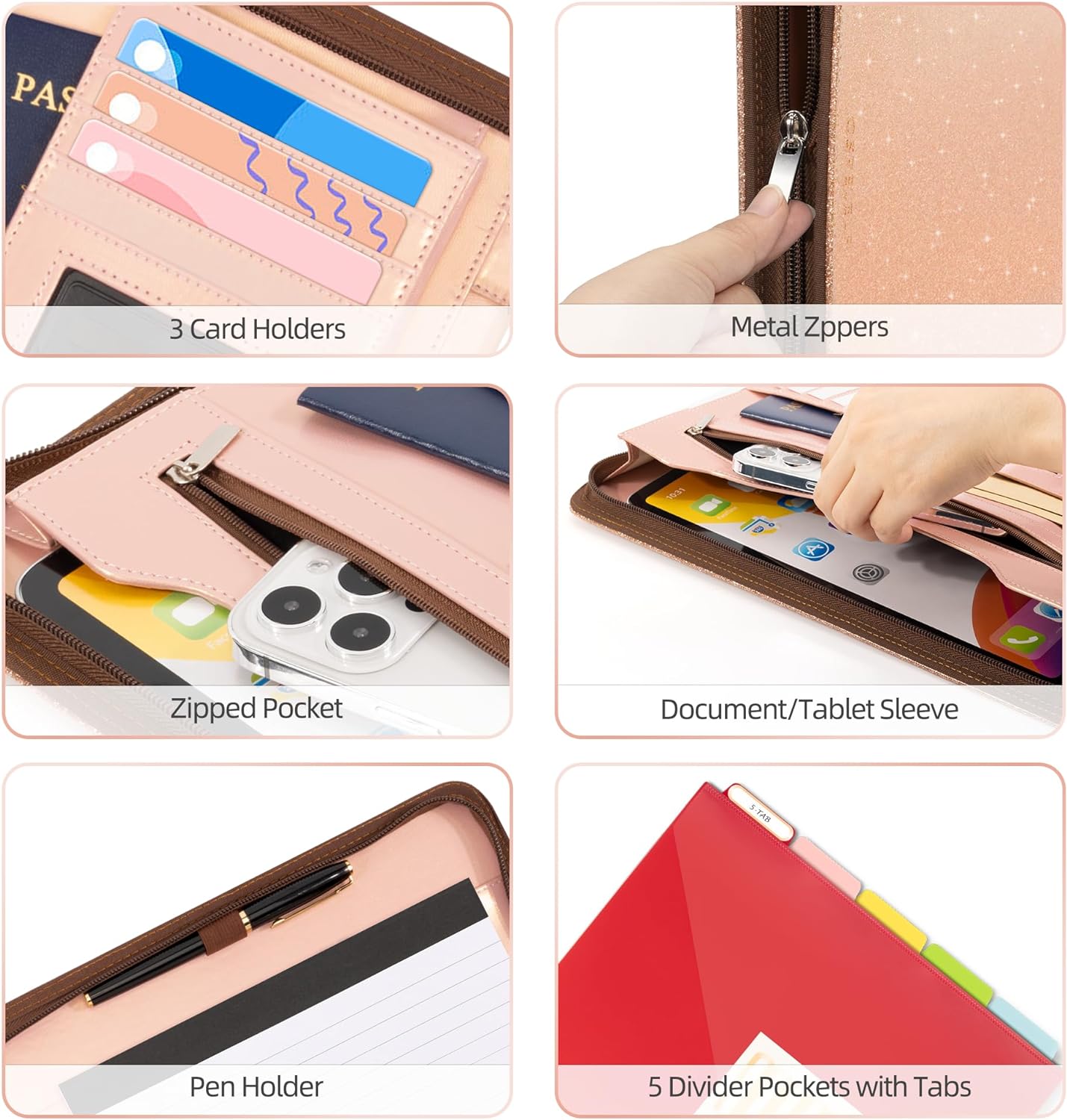Ospelelf Clipboard with Storage, 3 Ring Binder with Zipper, Leather Padfolio Portfolio Folder, Calculator, 12.1” Tablet Sleeve, 5 Dividers with Pocket|Refillable Notepad, Card Slot (Rose Gold)