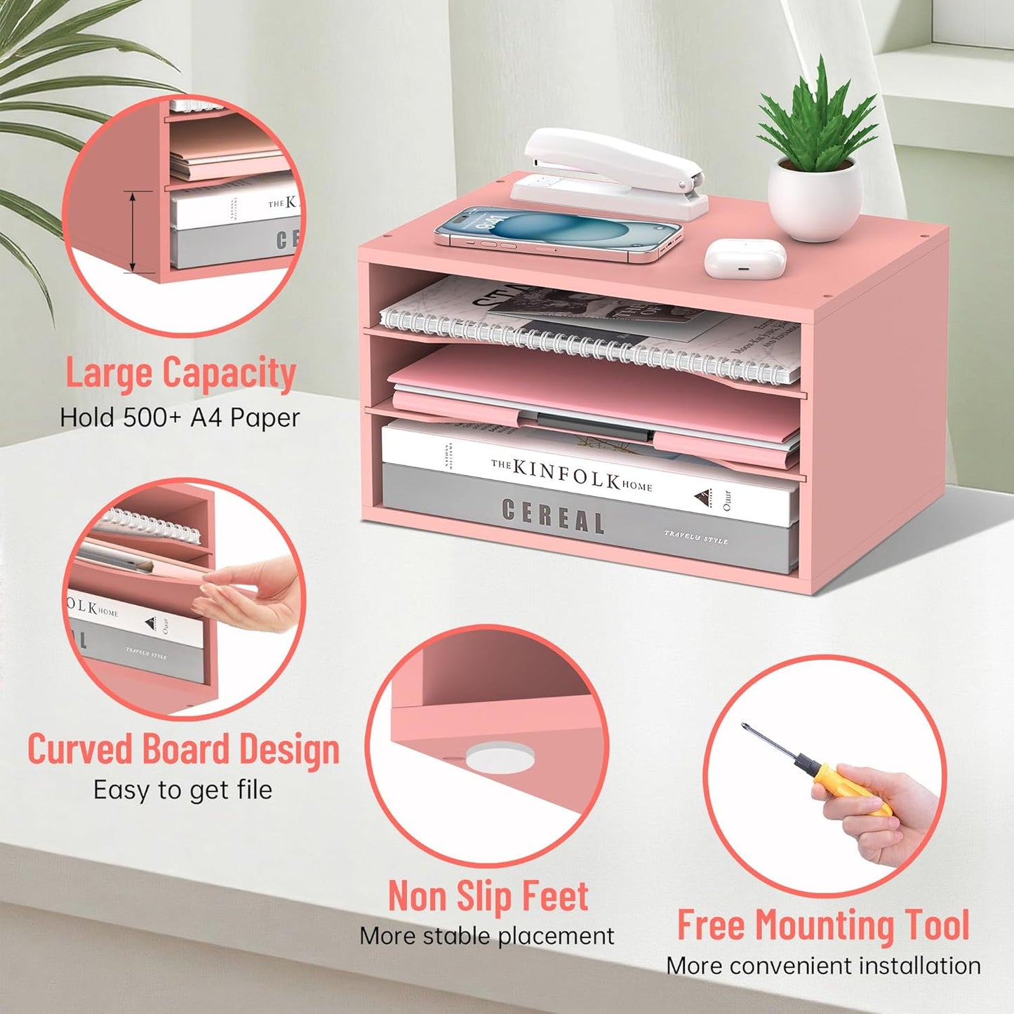 Wood Desk Organizer, 3 Tier Paper Tray Organizer for Desk with Adjustable Storage Shelves, Desktop Paper Sorter Mail Holder for Office Home Classroom, Pink