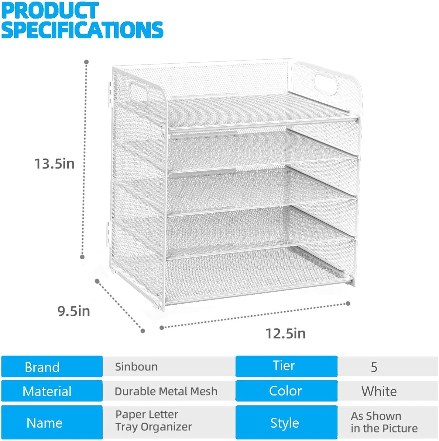 Letter Tray Paper Organizer 5-Tier Desk Organizer File Organizer Paper Holder with Handle, Metal Desktop Document Shelf Tray Office Classroom Organization - White