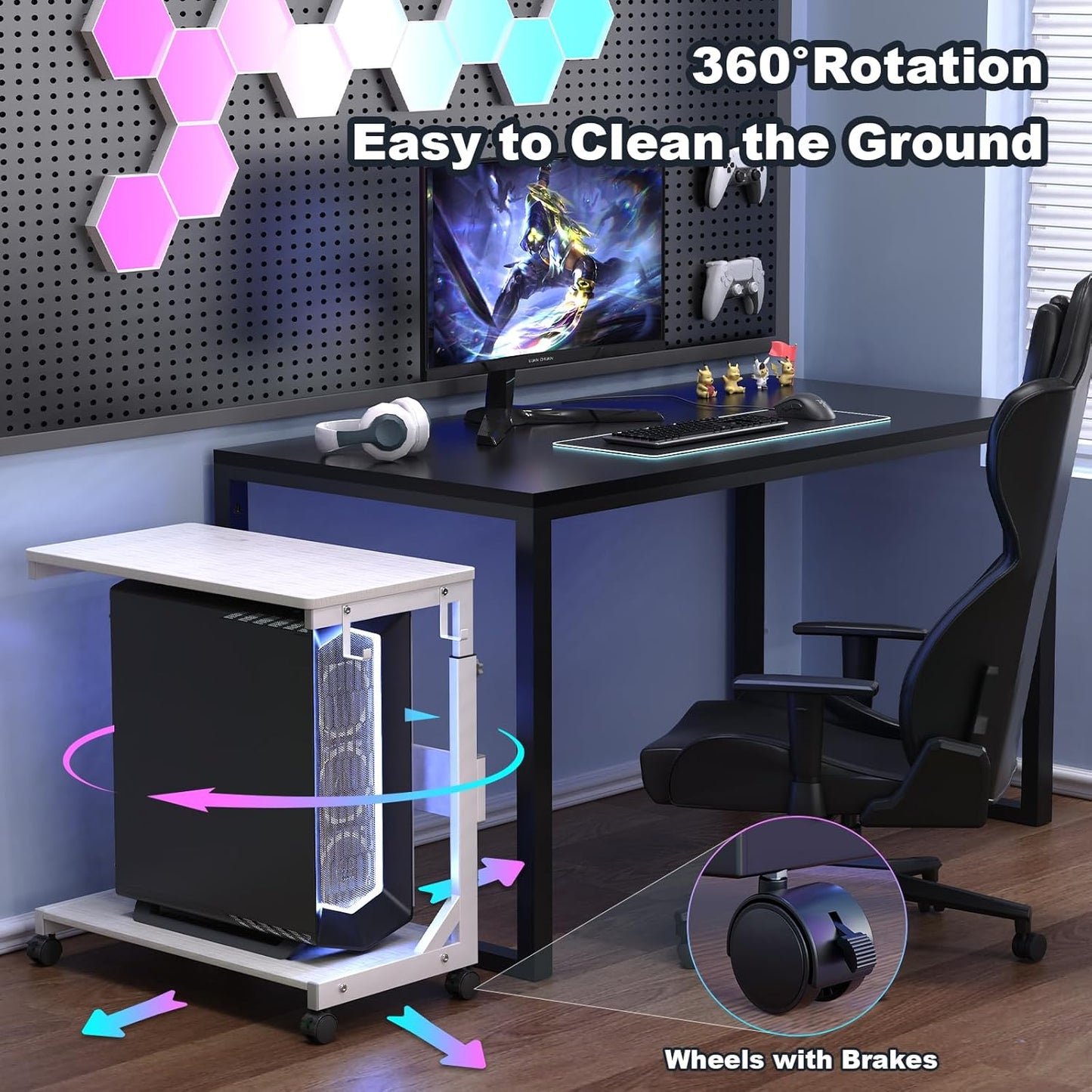 Height Adjustable Computer Tower Stand with Charge Station and USB Charging Port, 2-Tier ATX-Case Cart, Under Desk Mobile PC Stand, CPU Holder Cart with Locking Caster Wheels for Fits Most PC