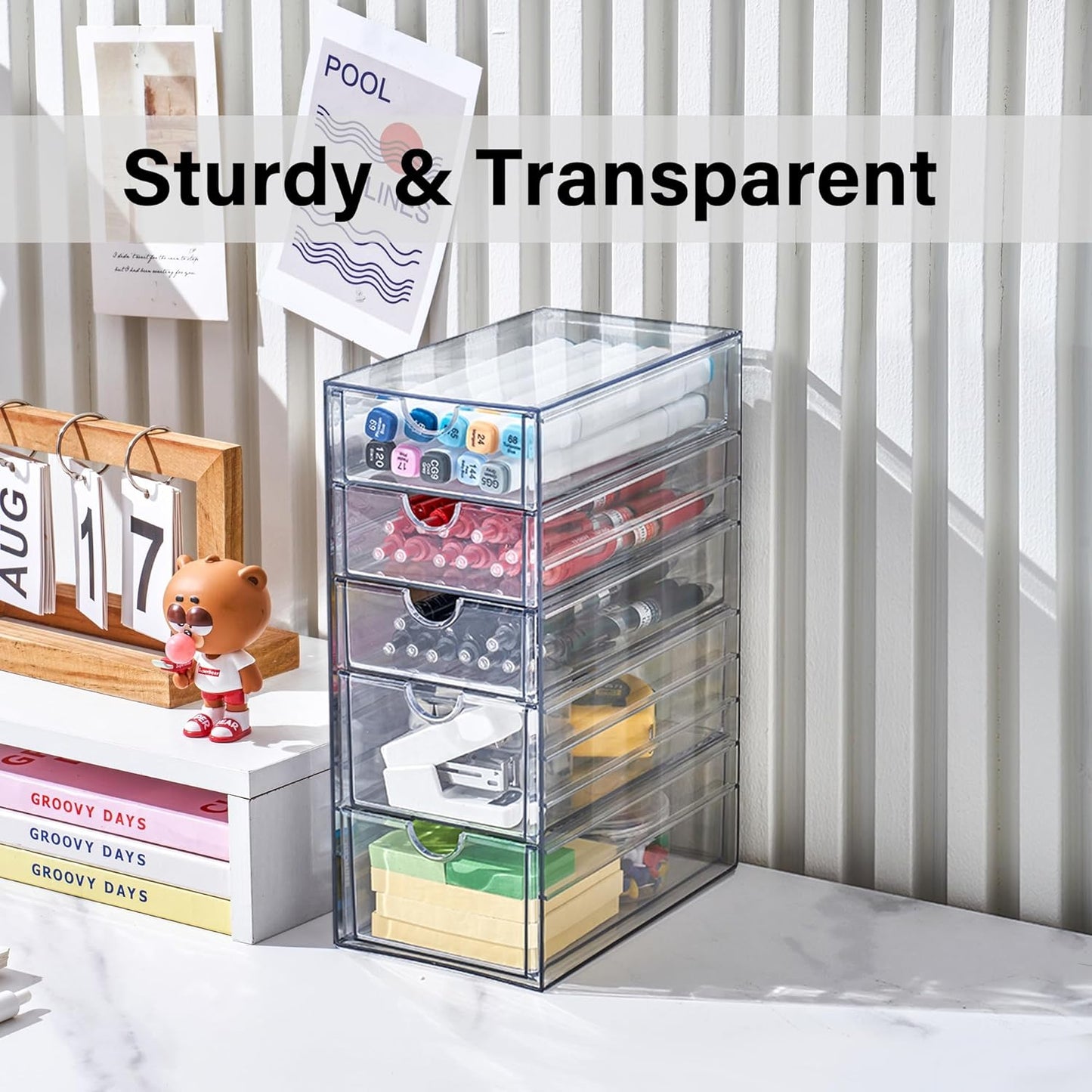 Prsildan Acrylic Drawer Makeup Organizer with 5 Drawers, Hair Accessories Organizer, Office Desk Organization, Clear Stackable Storage Drawers for Vanity, Countertop, Craft, Jewelry