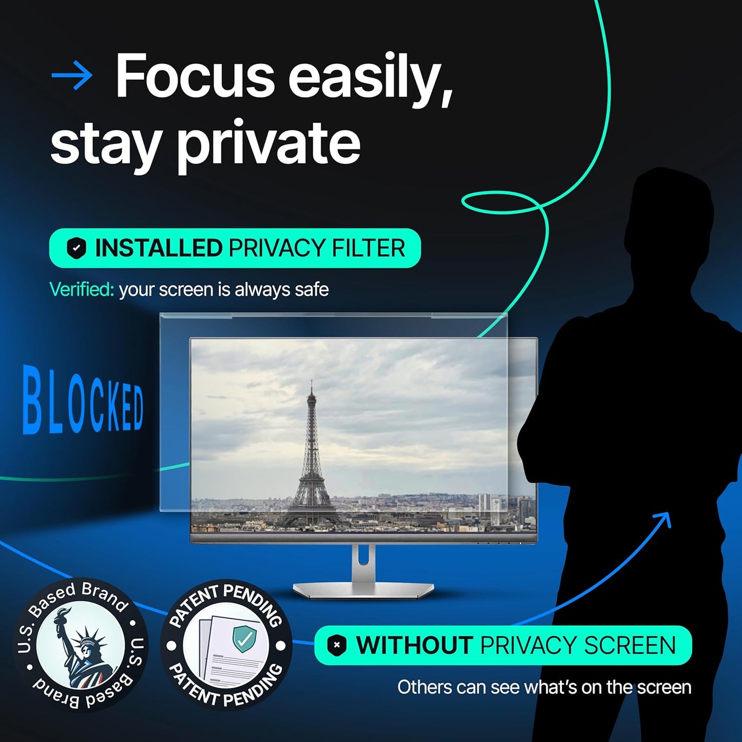 Acrylic 21.5 Inch Computer Privacy Screen Filter for Widescreen Computer Monitors - 19.3" x 11.3" (491 x 288mm) - Monitor Frame Hanging Type