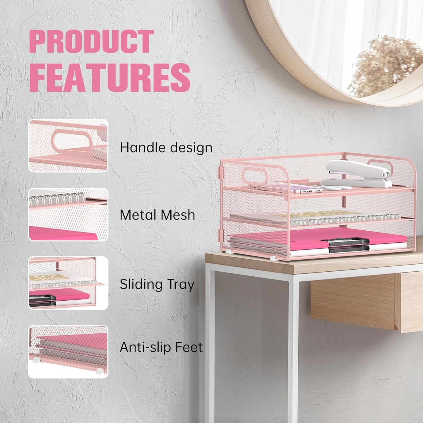 Daltack 3-Tier Paper Organizer with Handle, Mesh Desk Organizer Letter Tray, Paper Tray Organizer File Organizer for A4 File Folder, Pink