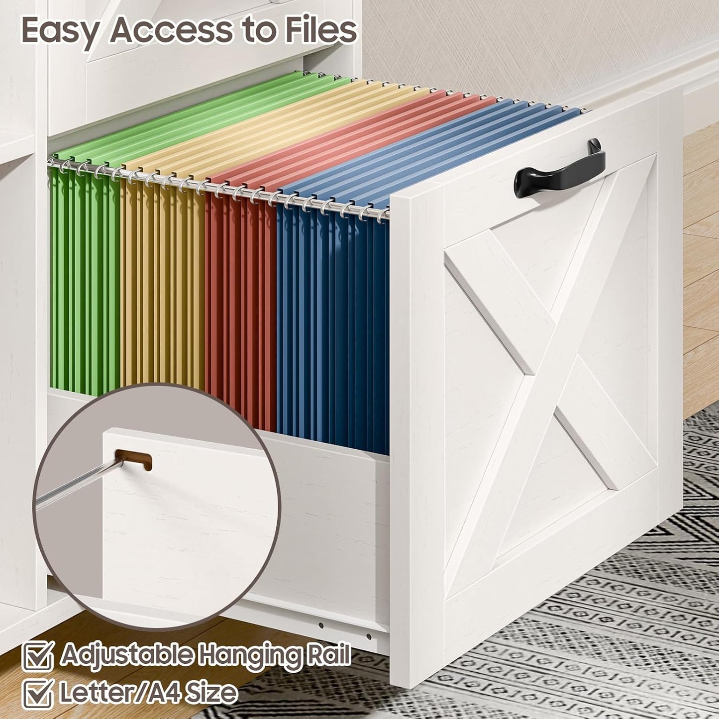 Lateral File Cabinet with 2 Drawers and Door, Mobile Farmhouse File Cabinet for Letter/A4 Size Hanging Files, Large Wood File Storage Cabinets Printer Stand for Home Office, White