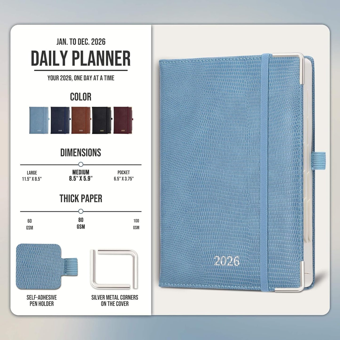Daily Planner 2026 with One Page Per Day,(A5-8.5" x 5.9"),12 Months Calendar Hourly Appointment Book Monthly Tabs & Self-adhesive Pen Holder,Inner Pocket,Durable Vegan Leather,Sky Blue