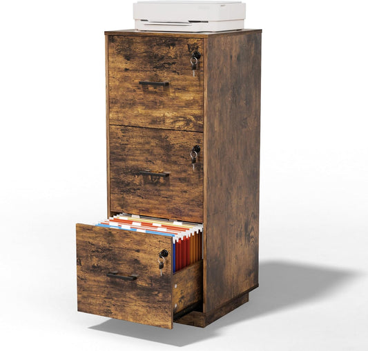 VINGLI 3 Drawer File Cabinet with Lock, Home Office Filing Organizer, for Letter Size File Folder Storage, Wood Tall Vertical Filing Cabinet, Printer Stand, Archivador (Rustic Brown)